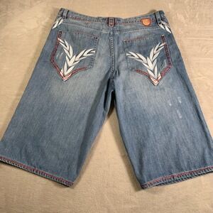 Y2K Coogi Denim Shorts Mens 44 Blue Long Jorts Red Stitching Embroidered Pockets